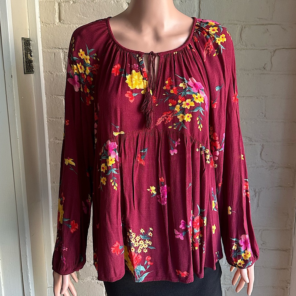 Old Navy size large maroon and yellow multi color floral peasant blouse